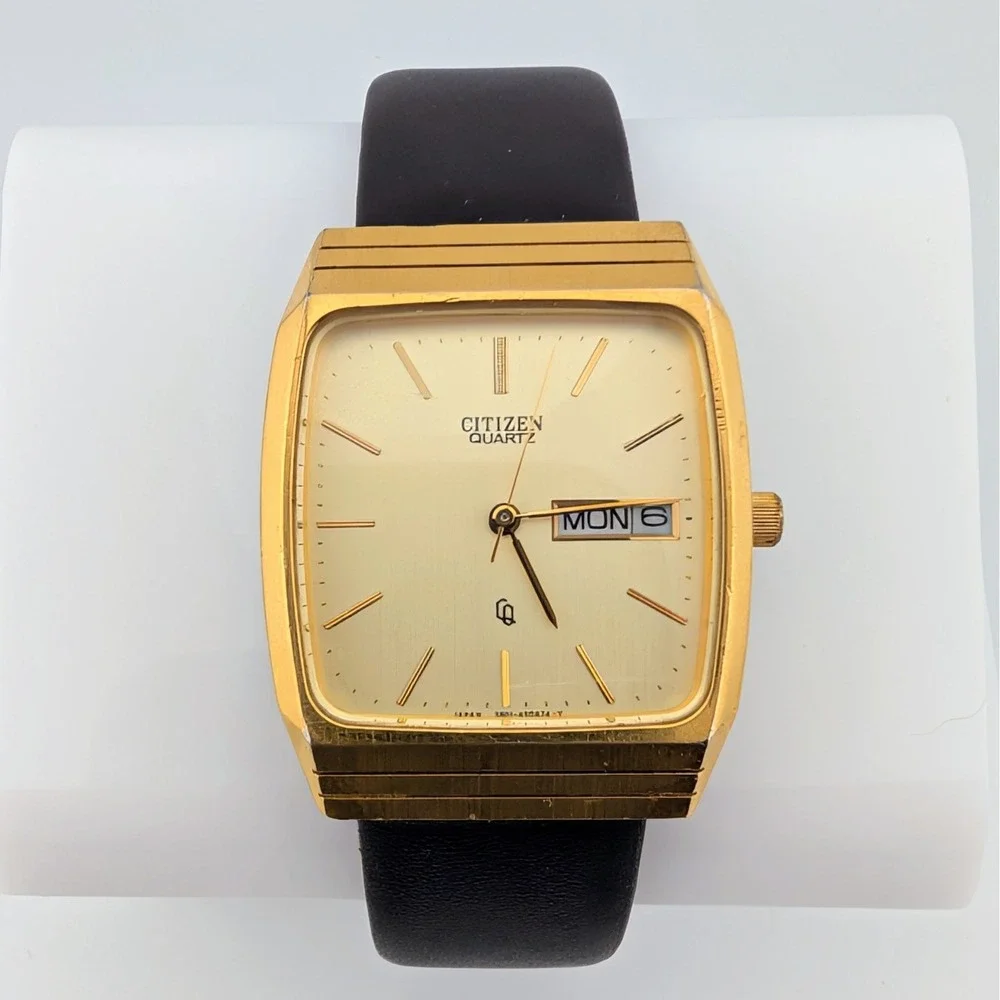 Citizen CQ Quartz 3801-450281 Vintage TV Dial Day Date Gold Tone 30mm Running